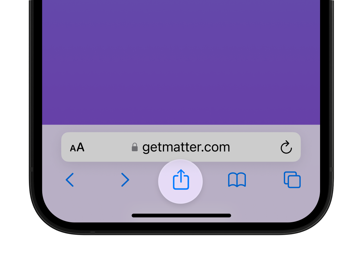 The iOS share button in Safari, below a web address reading getmatter.com