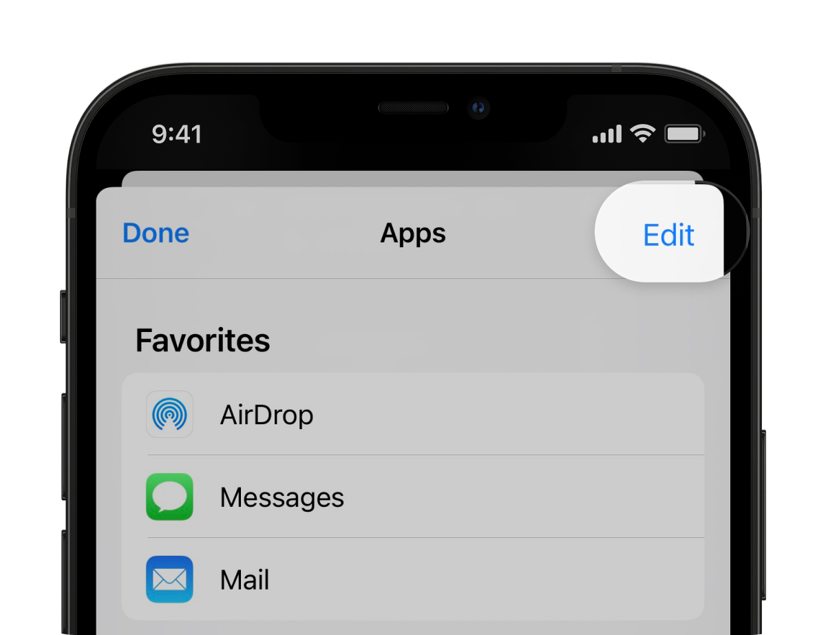 The "Edit" button inside the "More" menu in the iOS share sheet
