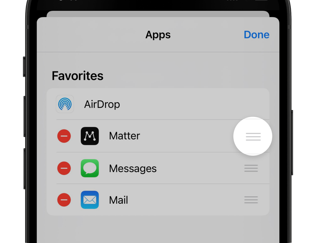 Drag matter "Matter" to the top of the list of apps in the "More" menu