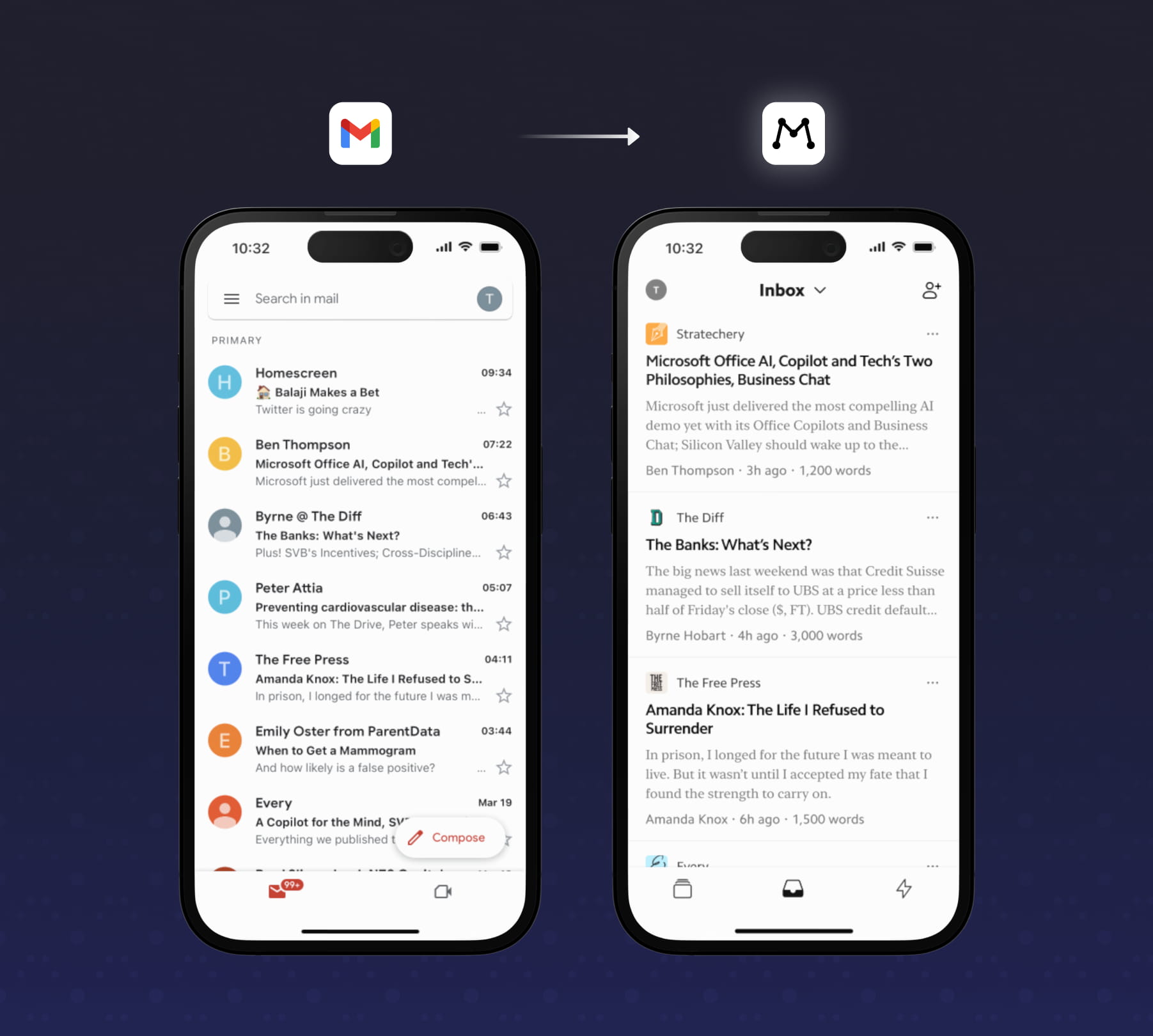 Two phone screens side by side. The left screen shows how newsletters appear in Gmail, and the right screen shows a nicer presentation in the Matter app.