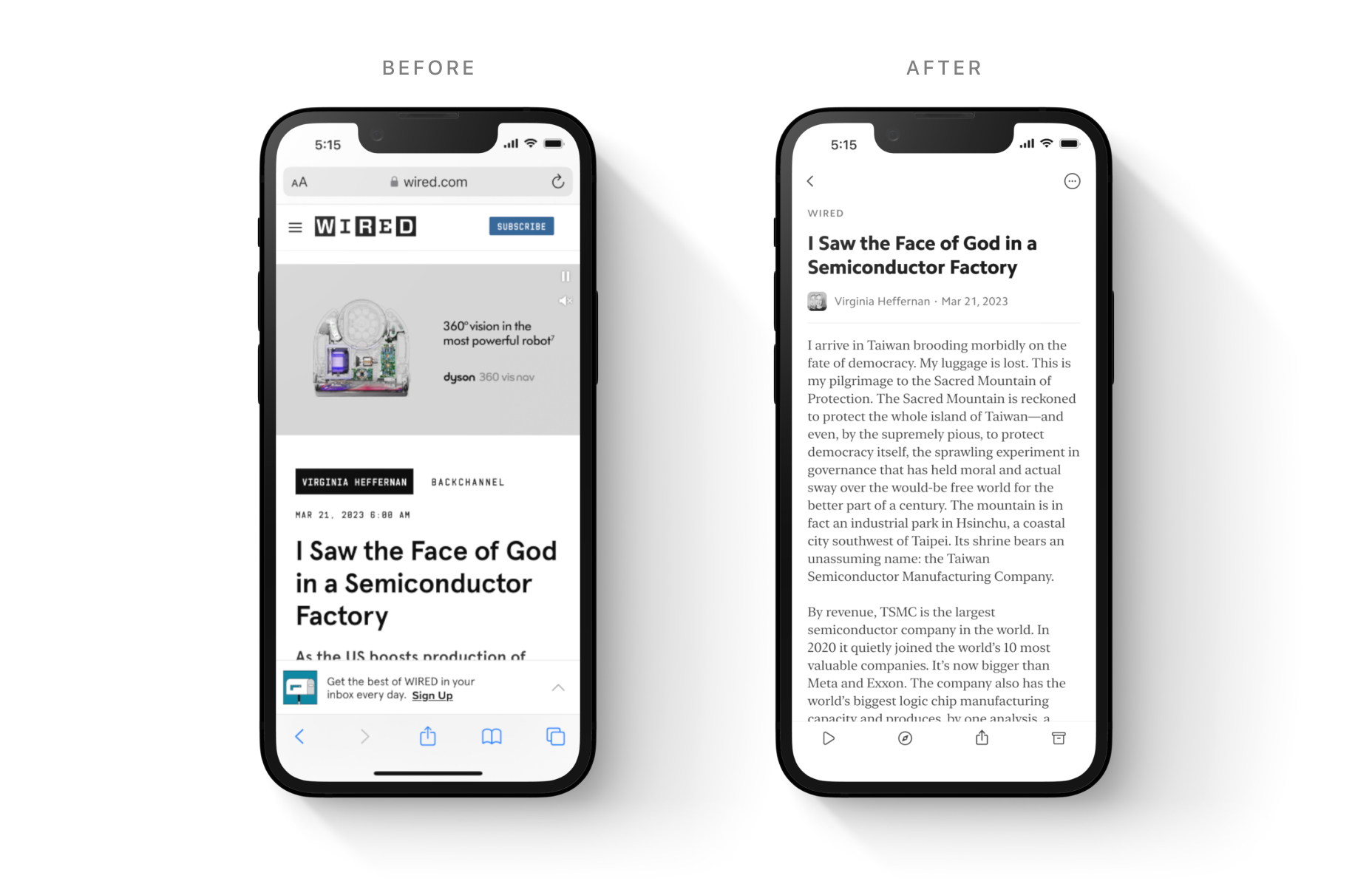 A parsing example, showing side-by-site images of two iPhones. On the left is an article on wired.com, and on the right is that same article parsed in the Matter iOS app.
